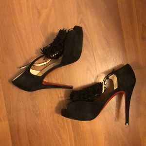 Christian Louboutin Black Suede Peep-Toe Fringe Platform Pumps